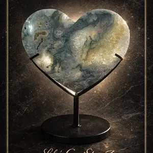 Moss Agate Druzy Heart Collector Edition One of a Kind Hand-polished with Raw Crystal Pockets on Sleek Black Metal Stand Ideal for Heart Chakra Spaces crystal collector high vibe crystals decor