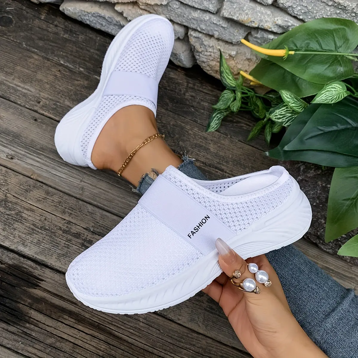 Women's Summer Breathable Backless Slip-On Shoes, Wave Sole Comfort Mesh Mule Walking Sneakers