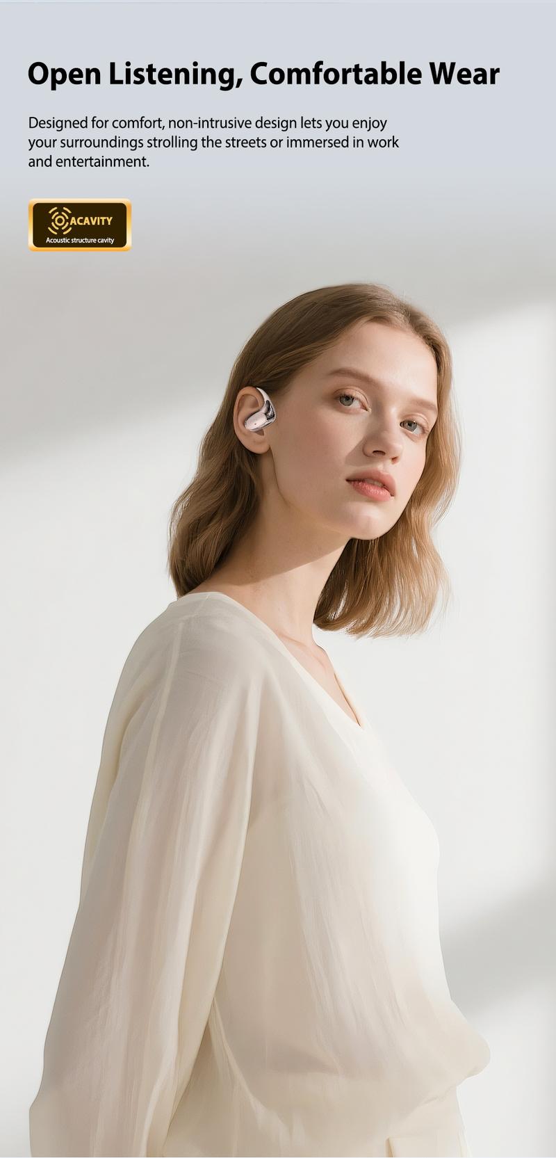 HTC NE35 New Open-Ear Headphones, True Wireless Bluetooth Earphones with Microphone, Earhook Earbuds with 48 Hours of Playtime, Fast Charging, IP55 Water-Resistant, Black