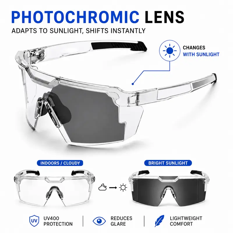 Photochromic Sports Sunglasses, UV400 Lightweight Cycling Glasses with Non-Slip Nose Pads for Running, Driving and Outdoor Activities ansi z87