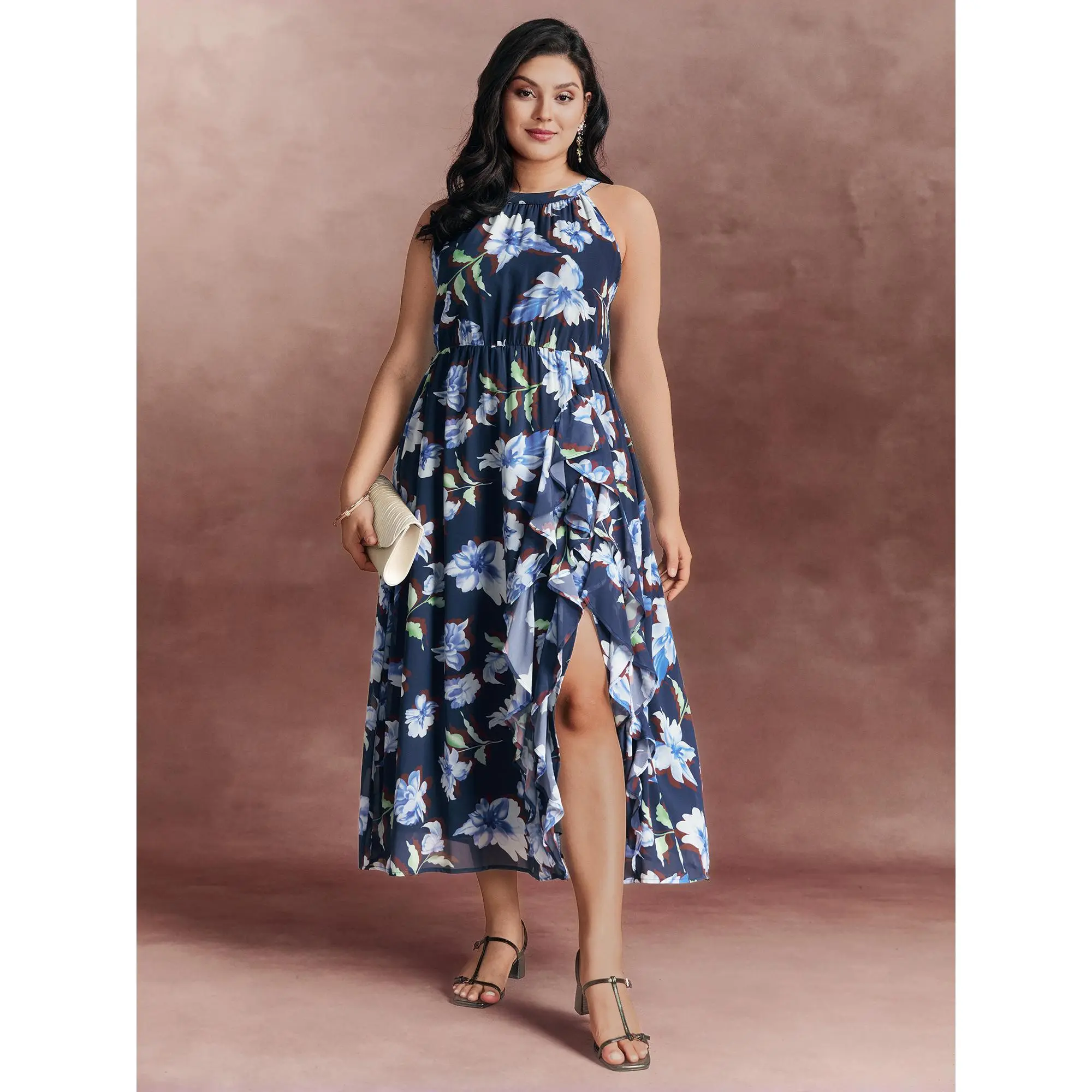 【Easter's Haul】Bloomchic Floral Print Halter Neck Slit Maxi Dress2026 Spring Break Gift For Easter's Day Mother's Day 2026 Spring Break Gift For Easter's Day Mother's Day