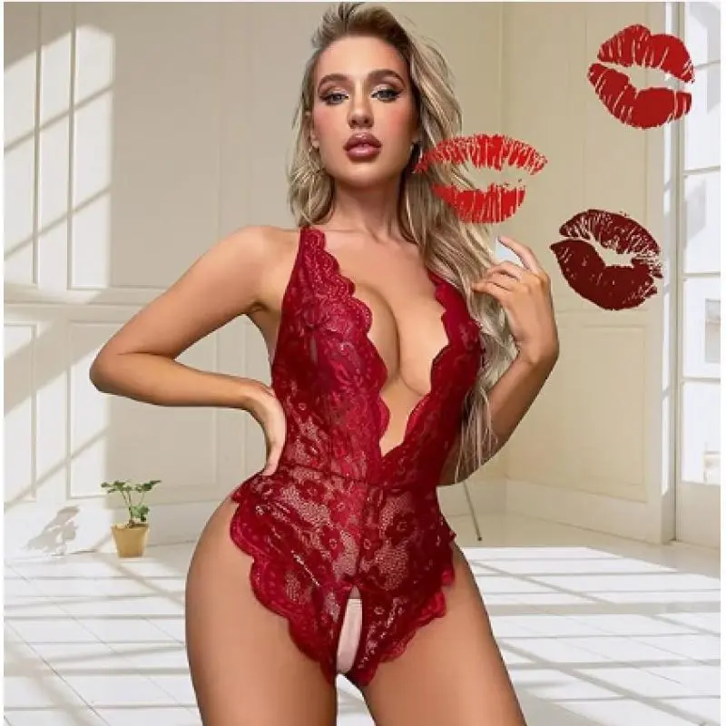 Women's Lingerie Teddy, Sexy Red Lace Bodysuit, Light 1-Piece Deep V with Backless Heart Shape Cutout, Adjustable Straps for Lounging, Soft, Lingerie Set, Heart Shapes, Lounging At Home, Personal Use, Gifting