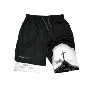 Gym Graphic Shorts John 3:16 Y2K Men's Regular Graphic Print Drawstring Waist Sports 2 In 1 Shorts,Quick Dry Gym Shorts, Casual Pocket Tie Front Track Bottoms For Summer