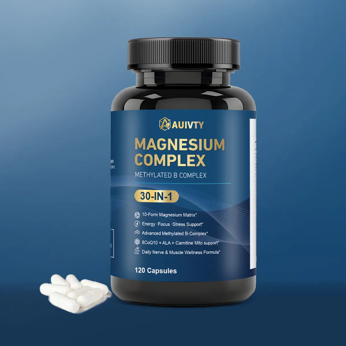Auivty 10-in-1 Edible Dietary Magnesium Complex Wellness Pill (10-Form Mg), 120 Capsules with Methylated B Vitamins & CoQ10 - Prop 65 Safe, for Energy Boost & Muscle Recovery