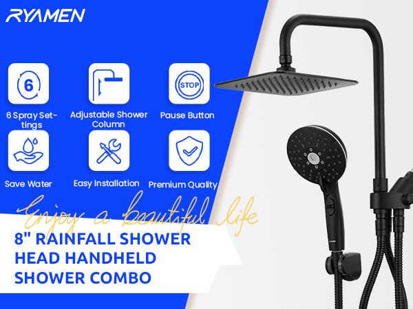 Ryamen Dual Shower Head | 8" Rainfall + Handheld | Adjustable Height | High Pressure | Luxury Standing Showers