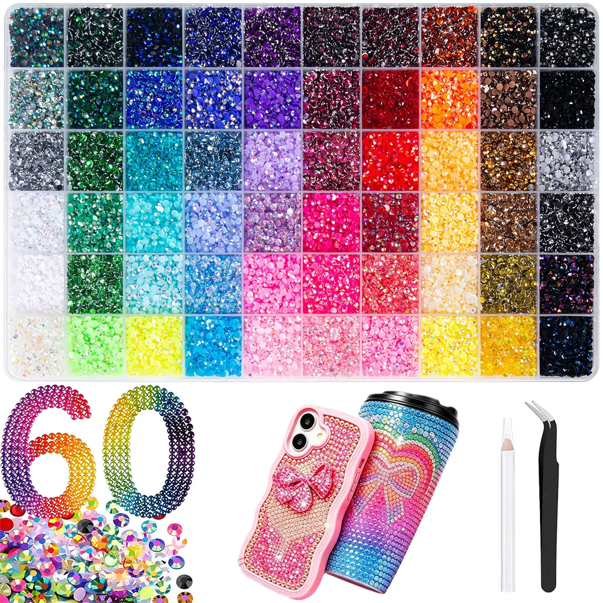 40/60 Color 3mm Jelly Rhinestones Multicolor Resin Flatback Gems with Kit Tools for Diamond Art Bedazzling Jewelry Crafting Book Shoes Nail Art gift