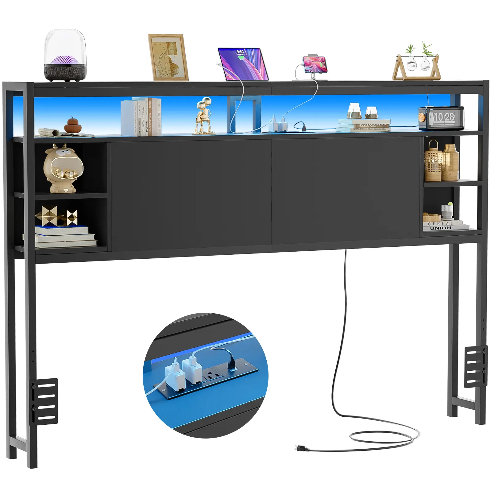 iSunirm Height-Adjustable Leather Headboard with Dual Storage Shelves, Built-in Charging Station (Outlets, USB Ports), LED Lighting for Full/Queen/King Bed Frames – King Size, Black Furniture Headboard, King Size Headboards, Black Furniture Headboards