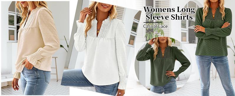Mundoven Boho Tops for Women V Neck Blouses Flowy Swiss Dot Dressy Casual Lace Womens Long Sleeve Shirts Trendy 2026