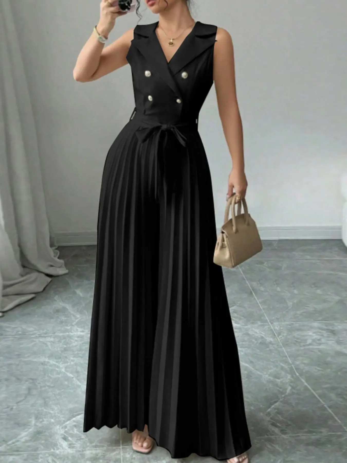 Women's Commuter Suit Collar Sleeveless Button Front Pleated Elegant Chic Minimalist Formal Fashionable Jumpsuit with Belt, Side Zipper, No Pockets, Includes Belt, All Seasons Fitted Style Womenswear