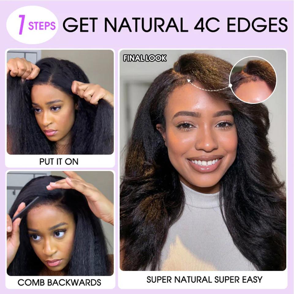 Kinky Straight Invisible-String Snug Fit 360 Full Lace Pre Plucked & Bleached HD Lace Glueless Wigs