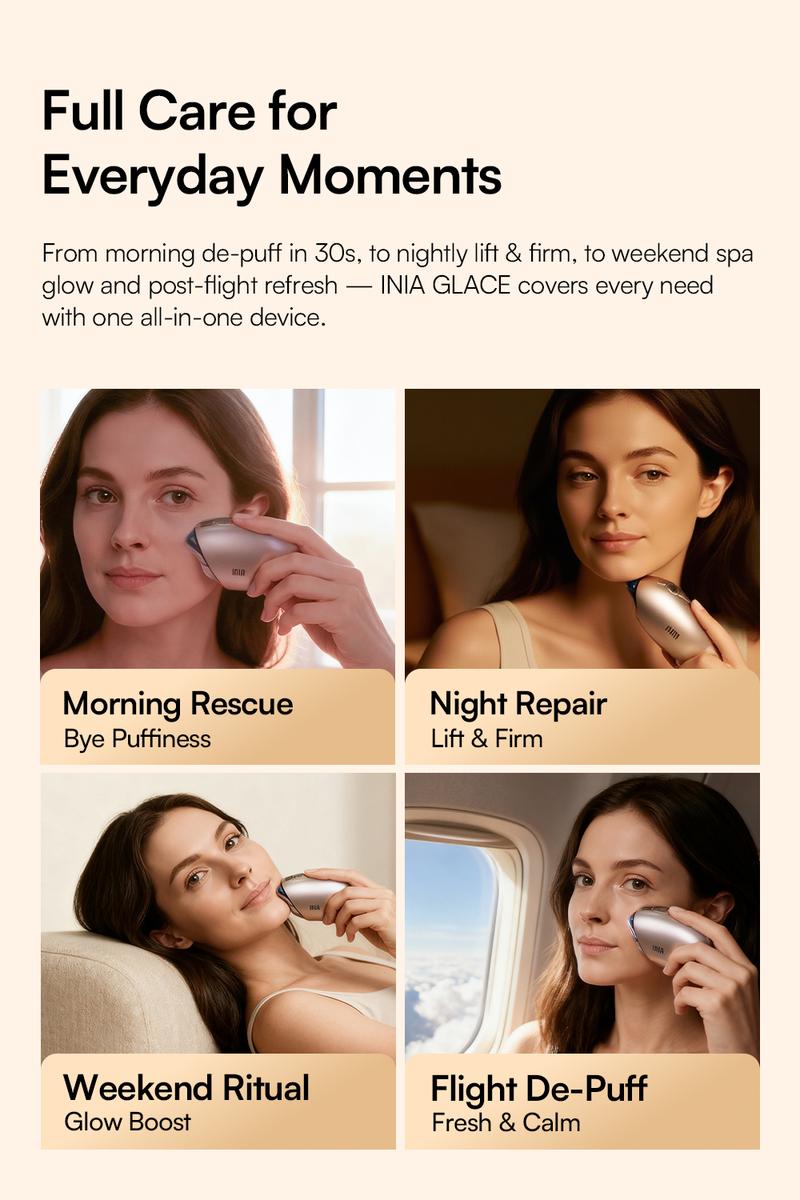 INIA GLACE & FLARE Bundle – All-in-1 Face & Neck Sculpting Beauty Device for Lymphatic Drainage with Microcurrent Lifting, Lift, Tighten, De-Puff, Serum Infusion, Red & Blue Light, Thermal & Cryo Therapy, Buy 1 Get 4, Ideal Gift Set