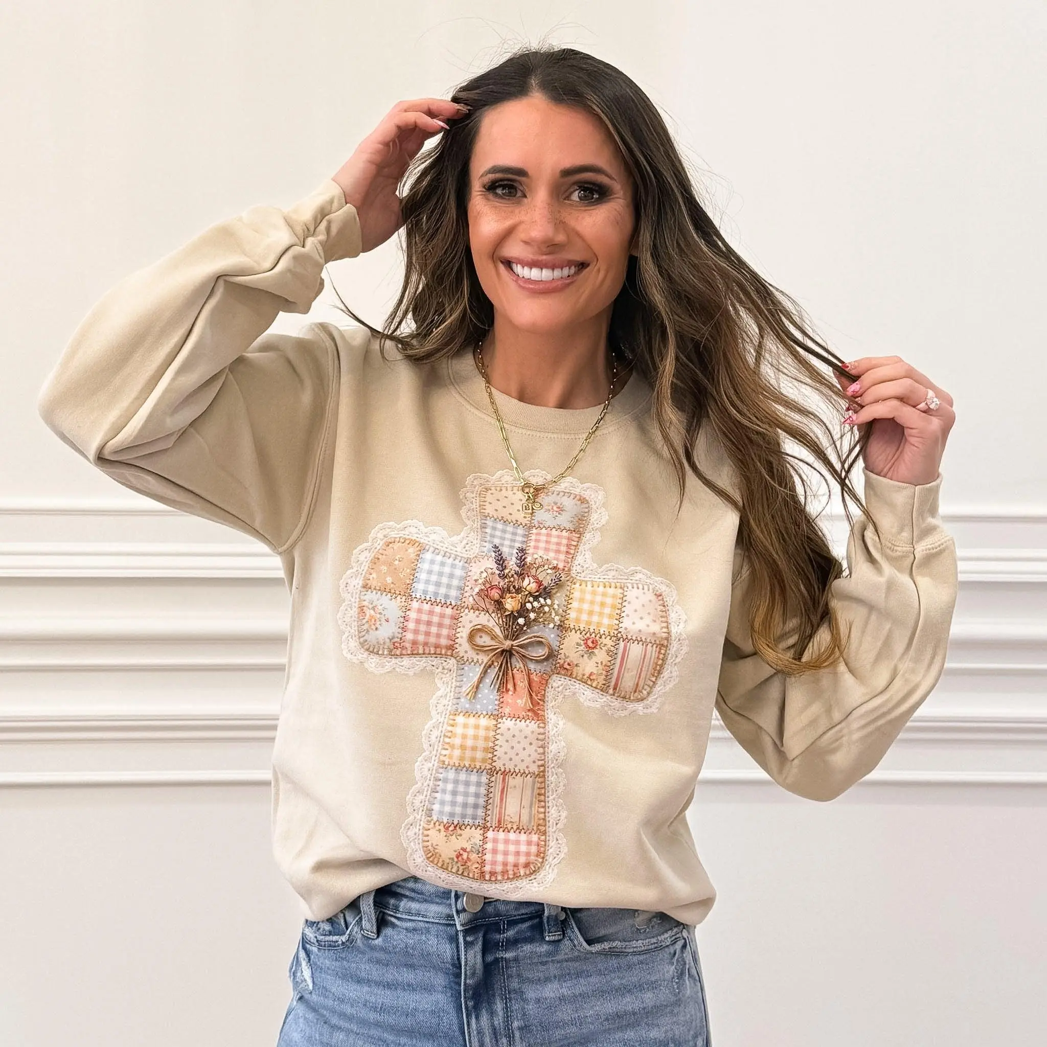 FAUX Patchwork Cross, Vintage Quilt Cross , Floral Lace Cross, Christian Sweatshirt (NOT Real Fabric Patches)