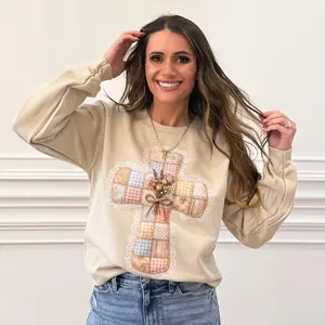 FAUX Patchwork Cross, Vintage Quilt Cross , Floral Lace Cross, Christian Sweatshirt (NOT Real Fabric Patches)