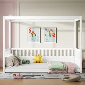 Full Size White Canopy Bed Frame with Guardrails and Four Poster Design Wooden Floor Montessori Durable