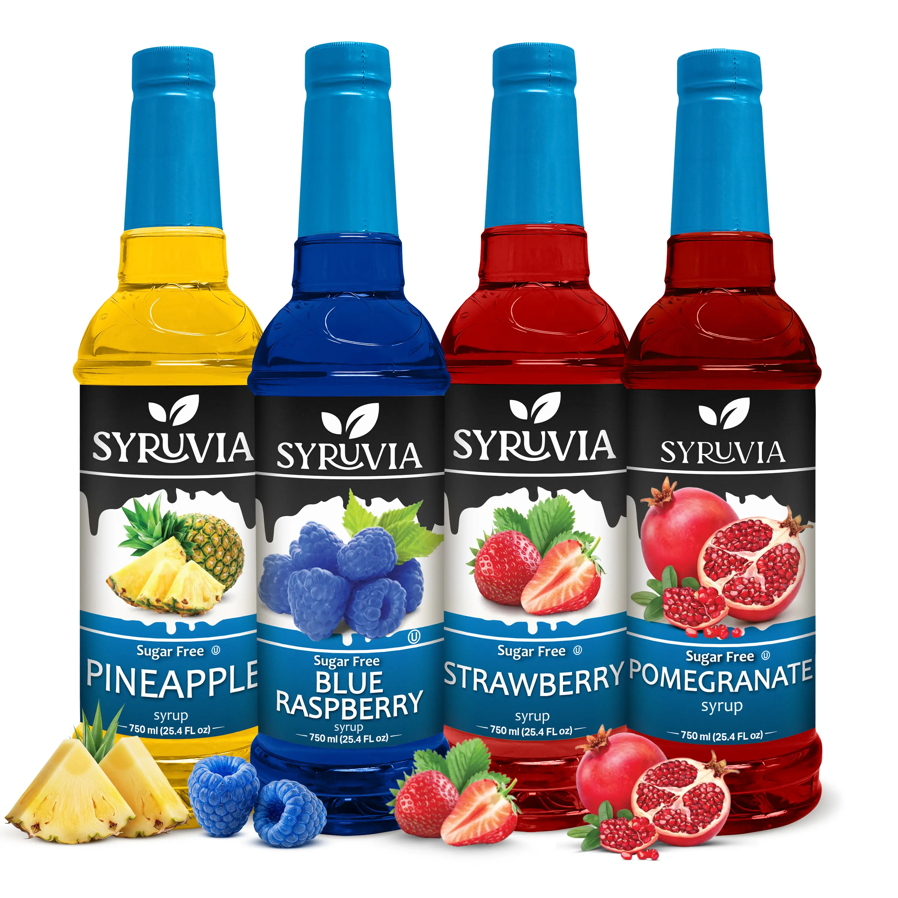 Syruvia Sugar Free Sweet Fruity Low Calorie Syrup Variety Pack - Pineapple, Blue Raspberry, Strawberry, Pomegranate - Vibrant, Gluten-Free, Kosher, 25.4 fl oz Bottles - Beverage Syrups (Pack of 4) for Easy Sharing, Gluten-Free For Easy Sharing