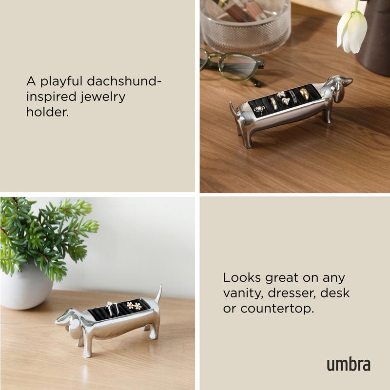 Umbra Dachsie Ring Holder - Holds Up to 10 Rings, Polished Metallic Finish, Velvet Padded Base, Jewelry Storage Organizer for Dog Lovers