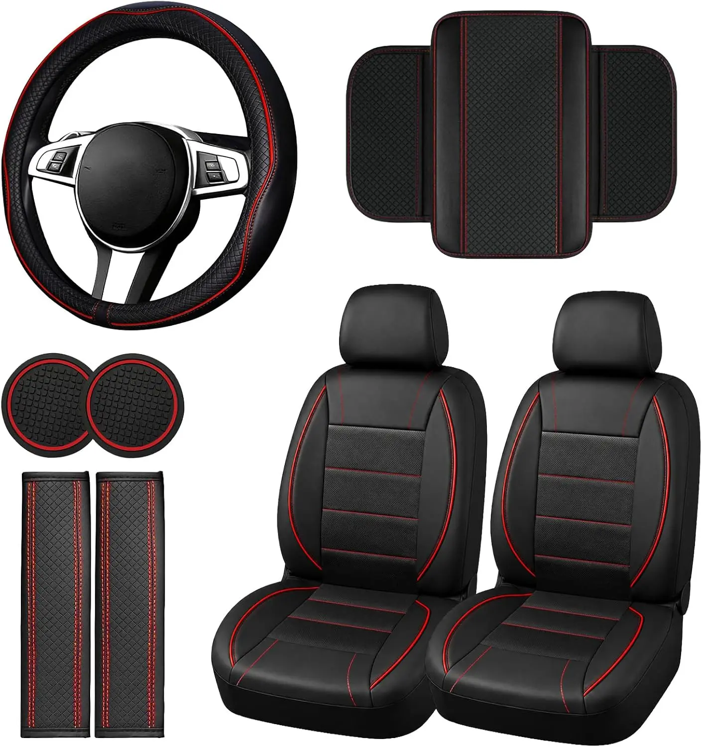 NBTEPEM 10 PCS Leather Car Seat Covers Front Seats Set, 14.5”-15'' Sporty Steering Wheel Cover Universal, Center Console Cover, Seat Belt Cushion, Cup Holder Coaster, Car Interior Set
