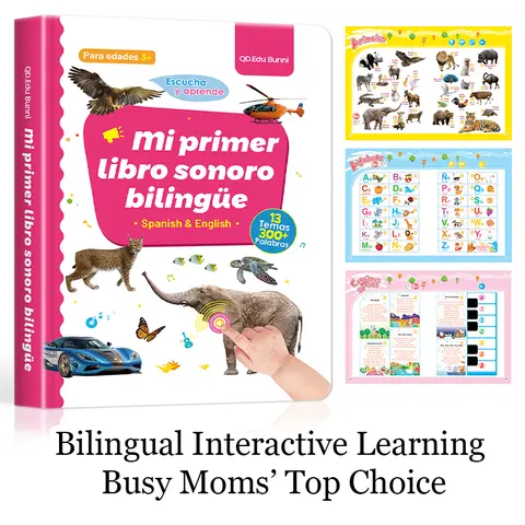Rechargeable Bilingual Spanish-English Interactive Sound Book for Toddlers 1-6, Preschool Learning Activity Book with 300+ Words, 13 Topics, Children's Songs, Animal Sounds, Interactive Piano, Early Educational Gift, Interactive Sound Books