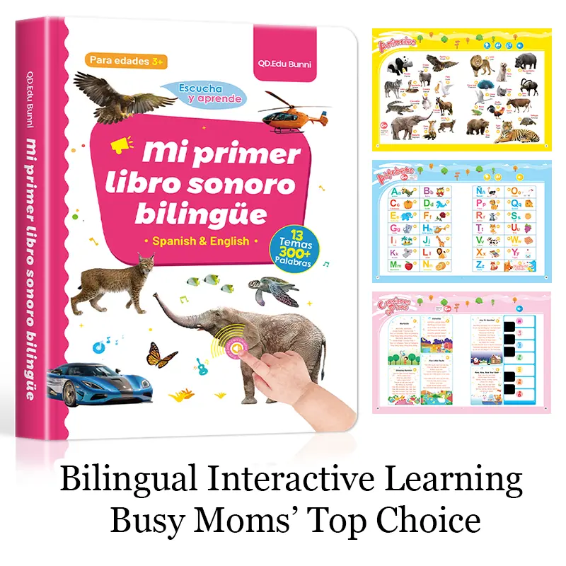 rechargeable! Bilingual sound book Spanish and English | 300+ words · 13 topics · children's songs · animal sounds · interactive piano | educational gift for children 1-6 years old