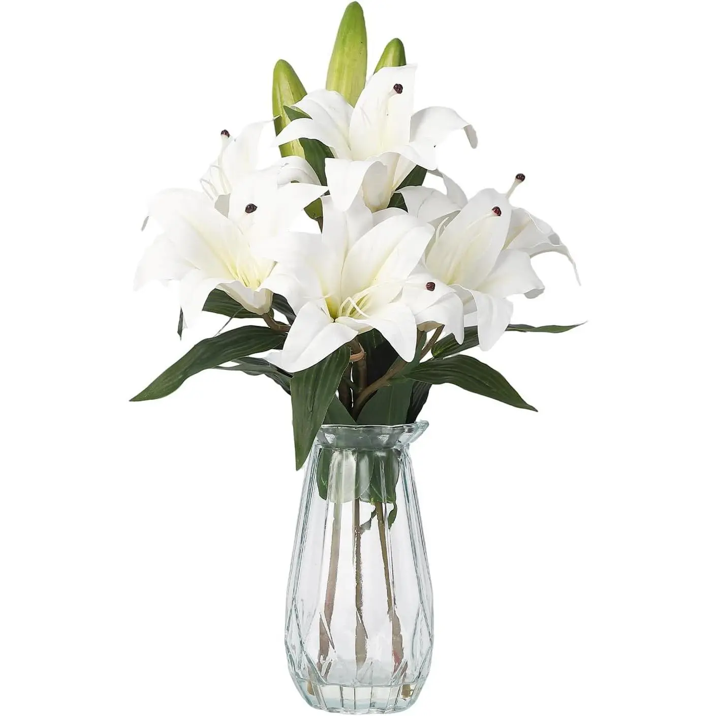 Gaomon Pure White Artificial Tiger Lily Flower Set with Vase - 3 Stems, 6 Artificial Flowers, Real Touch, Fade-Proof, UV Resistant - for Home Table Centerpieces, Wedding Decor, Artificial Flower Artificial Flowers