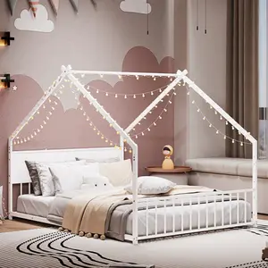 White Full Size Crib House Bed with Roof, Colorful Lights, Metal Frame, Slats & Legs, No Box Spring Needed