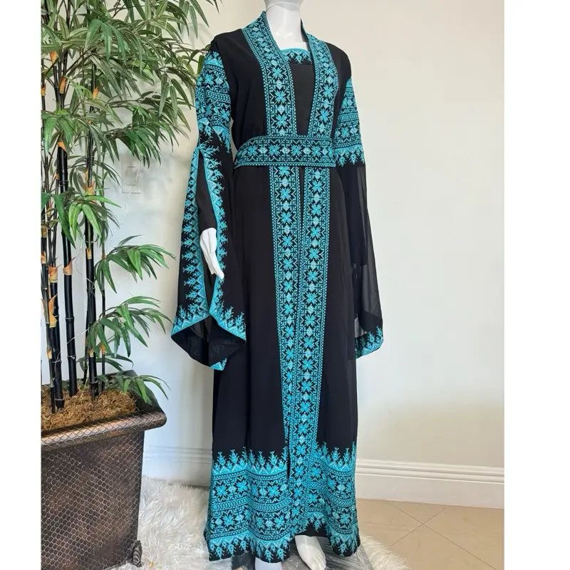 Women's 3-Piece Embroidered Thobe Set - Elegant Modest Wear, Traditional Embroidered Detailing Long Sleeve Abaya Dress for Holiday, Wedding Occasions & All Seasons