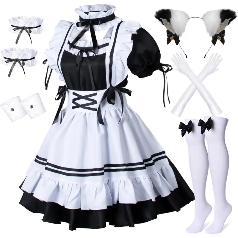 Wannsee Anime French Maid Apron Lolita Fancy Dress Cosplay Costume Furry Cat Ear Gloves Socks set(S)L