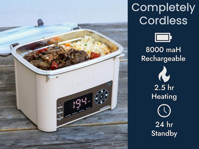 LunchEAZE Core Cordless Heated Lunchbox – Battery-Powered, 4-Cup Capacity, 220°F Max, Automatic Scheduled Heating, Stainless Steel Container