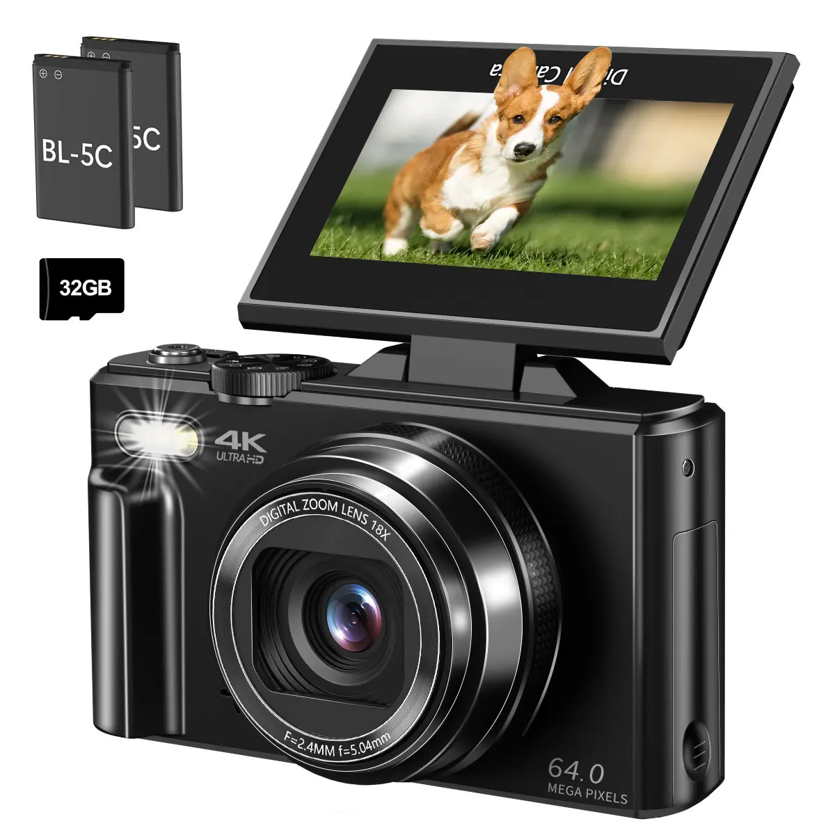 WIKICO 4K Digital Camera for Photography with 64MP, 3 Inch 180° Flip Screen, 18X Digital Zoom, 32GB Micro SD Card, 2 Batteries, Ideal for Gift