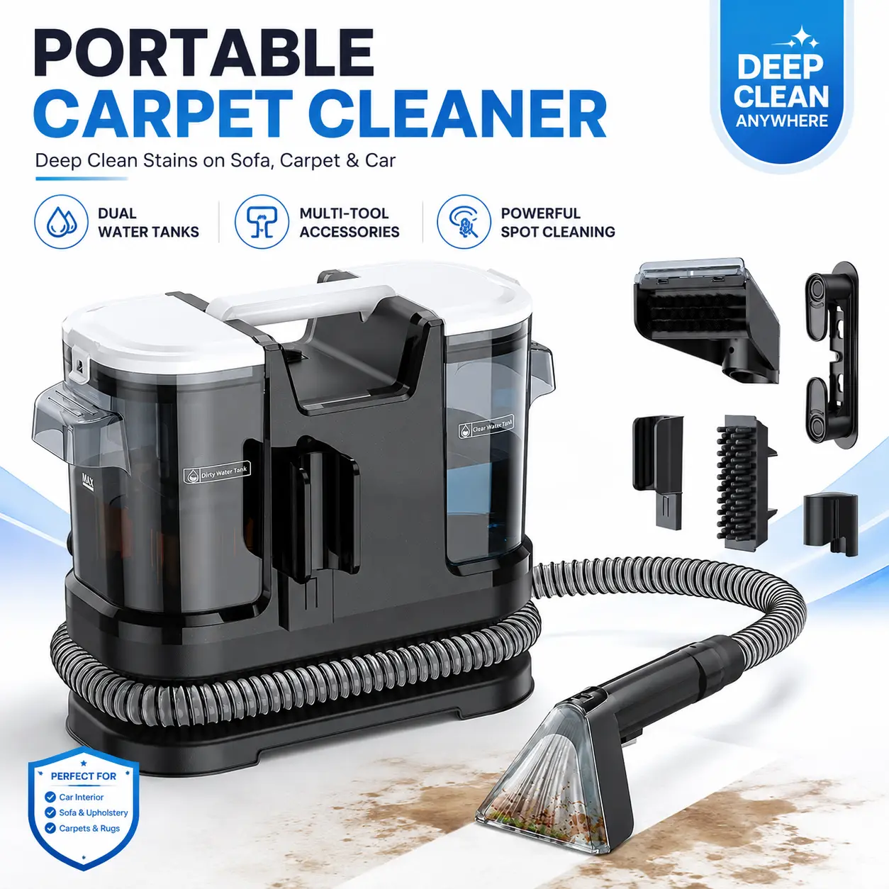 Lubluelu A6 Portable Carpet & Upholstery Cleaner, Black Body with White Lid, 13.5KPa Strong Suction, Dual Water Tanks, Self-Cleaning Hose for Pet Stains, Sofas, Car Seats, Mattresses & Rugs