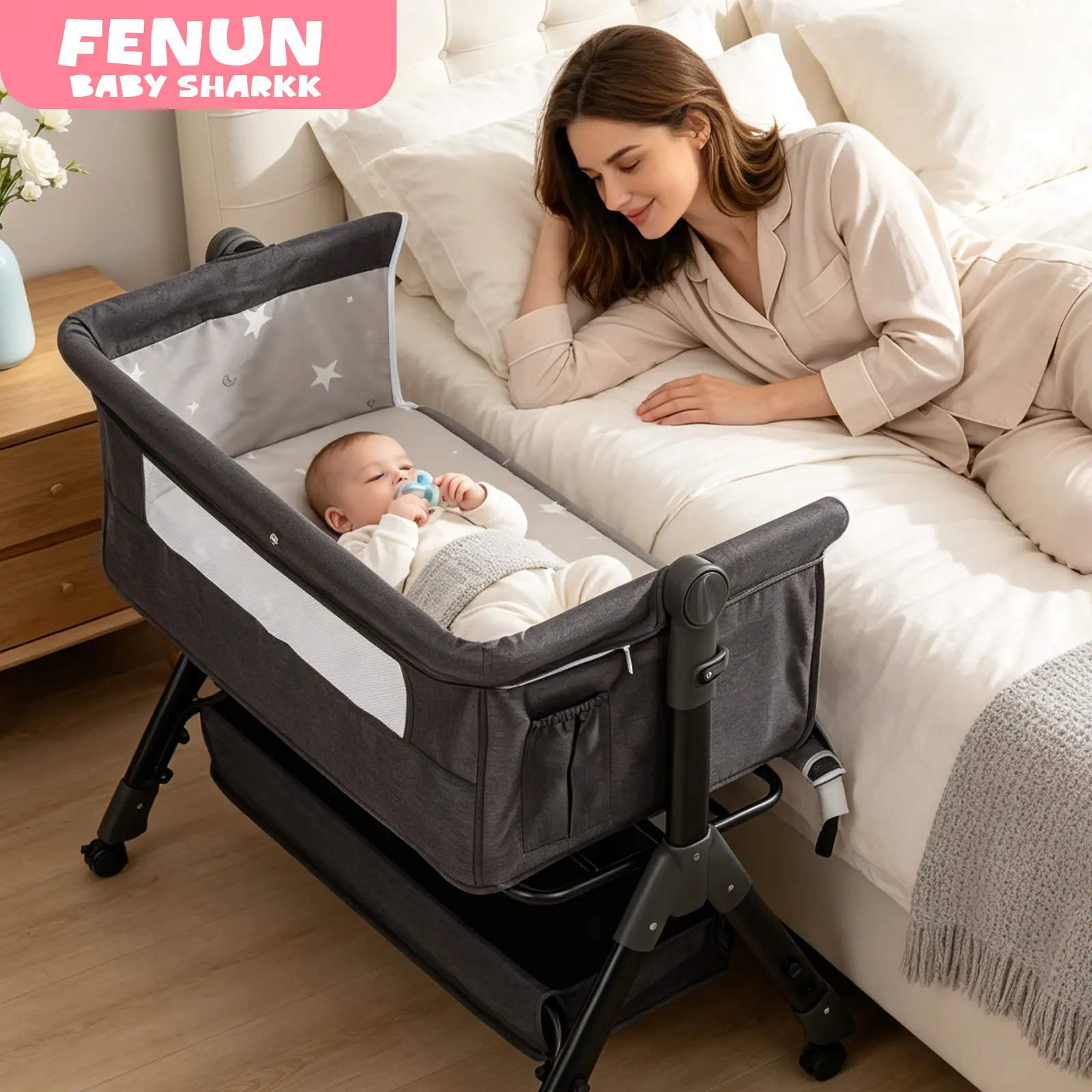 Baby Bassinet,  Crib for Infant and Newborn, Bedside Sleeper with Storage Basket and Mosquito Net, Easy to Fold, Height Adjustable, Portable Side Bed Crib portable Baby Furniture