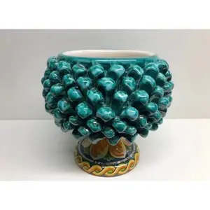 Half Pinecone Pot Holder Caltagirone Ceramic cm H.20 L.20 Artisan Water Green Decorated Base