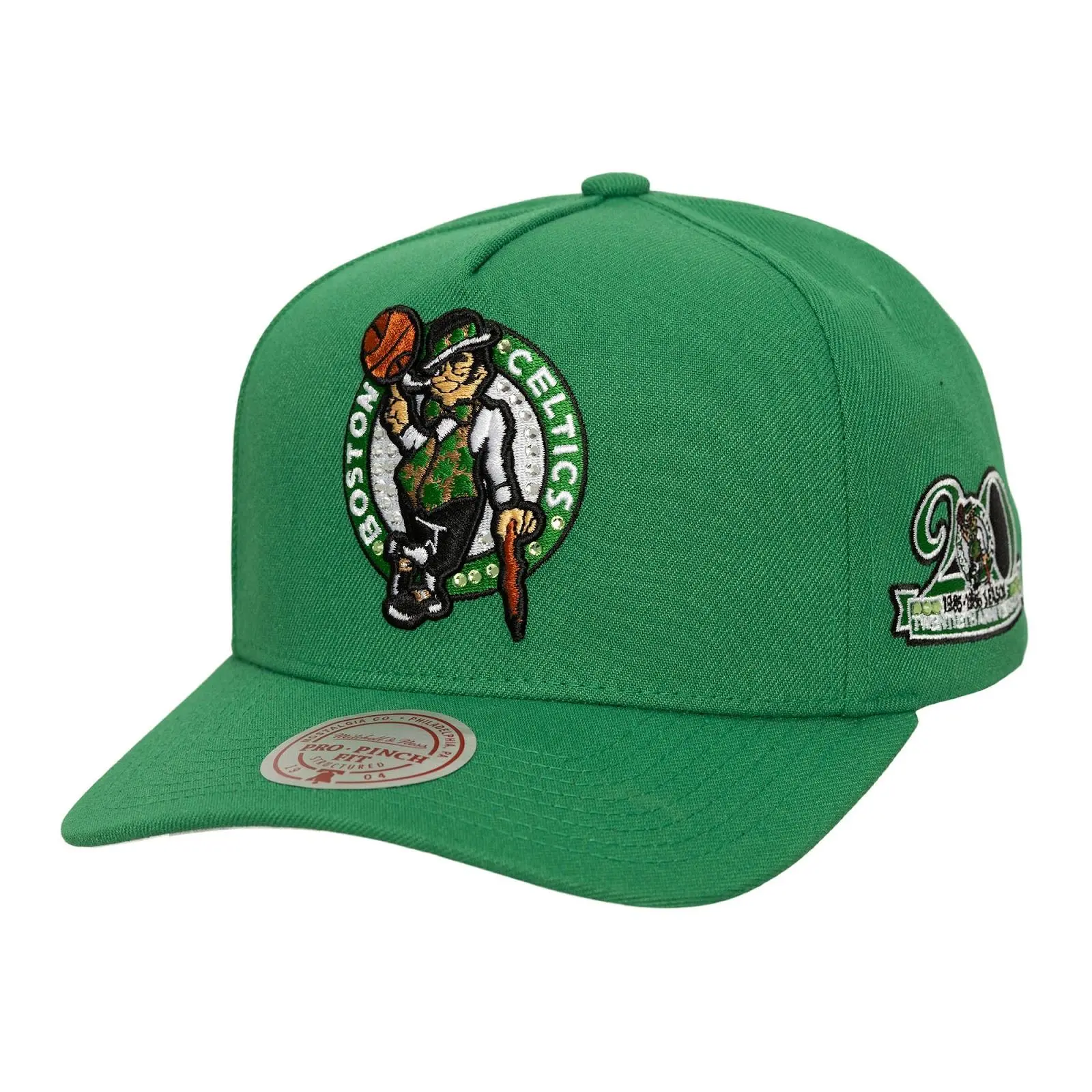 Mitchell & Ness Boston Celtics Kelly Green All That Bling Pro Pinch Snapback Hat, Unisex Casual Cotton Graphic Cap with Regular Fit