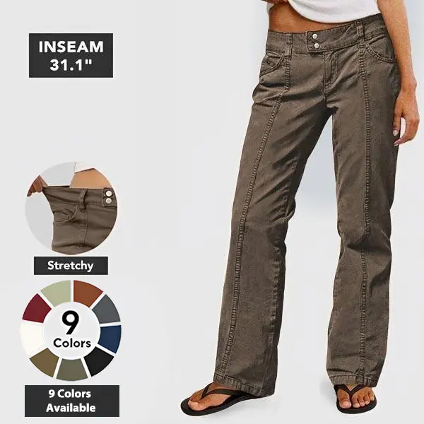 Flamingals Mid Waist Seam Detail Straight Leg Pants Women's Stretchy Fabric Multicolor Flattering for All Body Types Fit Casual