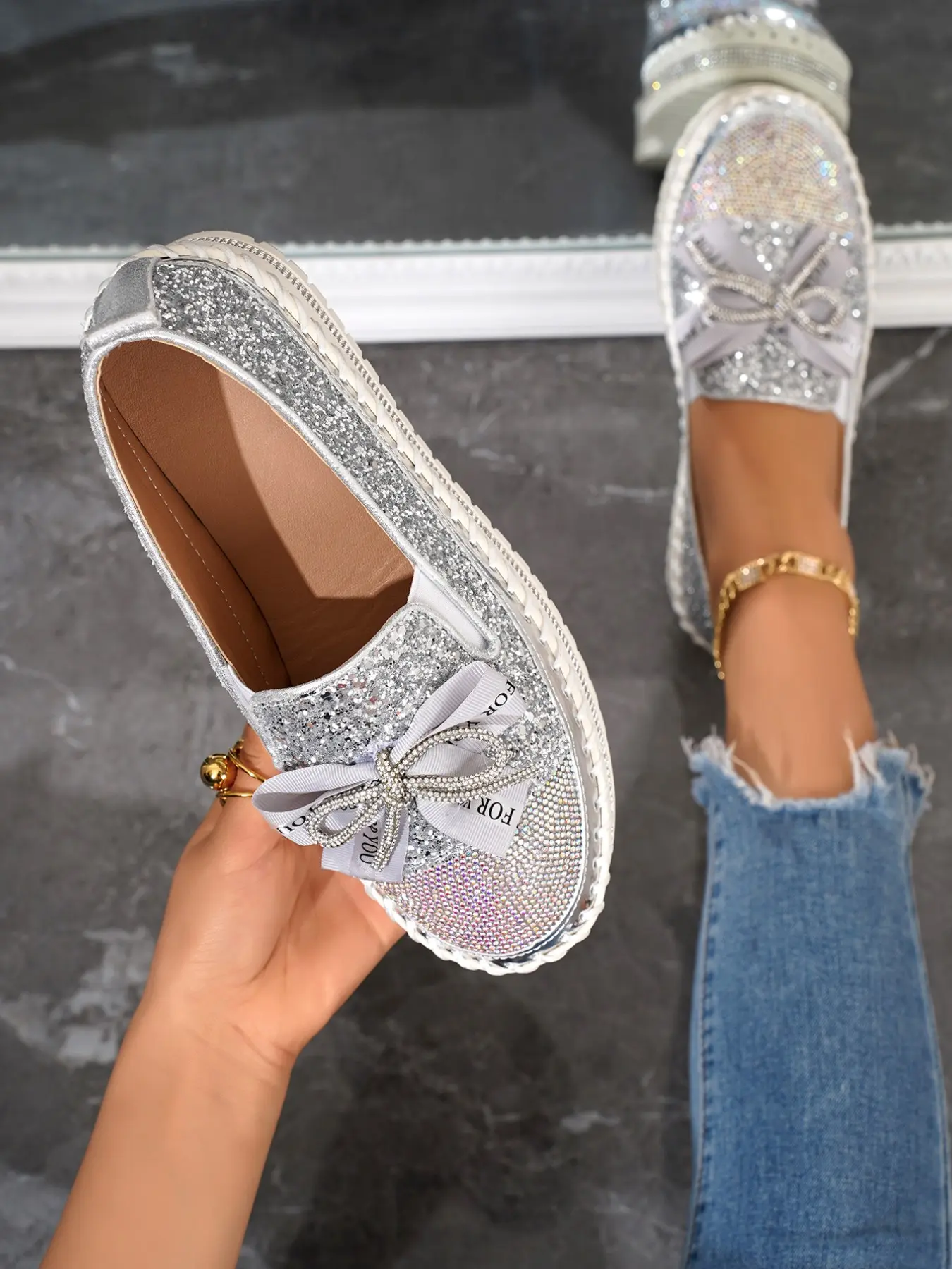 Women's Thick Sole Slip On Shoes, Full Body Rhinestones and Sequins Design, Bowknot Decoration, Perfect for Weddings, Formal Events, Parties, Footwear