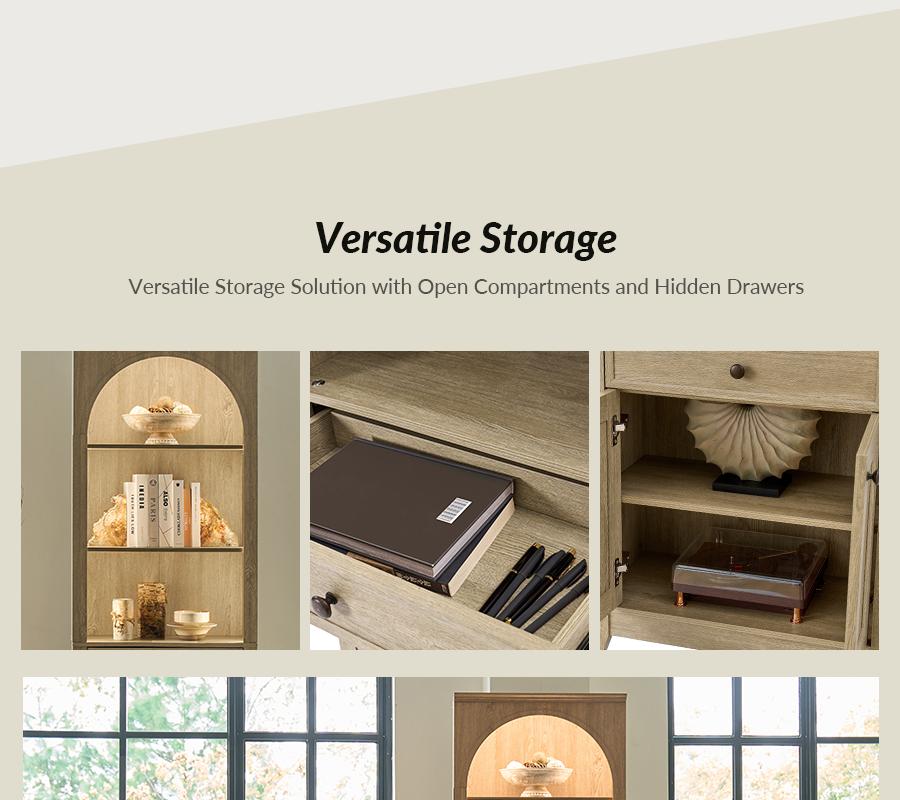 Hulala Baggio Modern Storage Bookcase with Smooth-Glide Drawer, Built-in LED Light, Arched Shape, Touch Switch for Three Lighting Options, Bookshelf, Living Room, Aesthetic