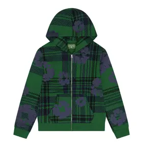 (100% Authentic) Denim Tear Plaid Cotton Wreath Zip Hoodie Green