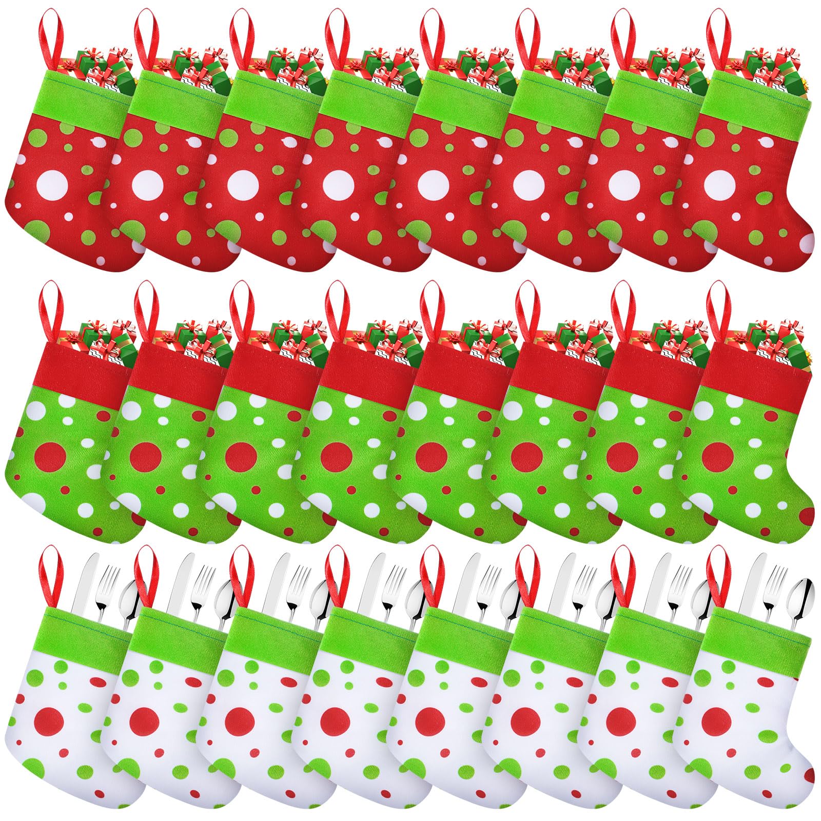 Christmas Clearance Sale Christmas Gifts 24 Pcs Mini Christmas Stockings 6" Cute Dot Red and Green Xmas Sock for Fireplace Hanging, Stockings Holiday Party Home Christmas Decor Christmas Stuffer Gift Idea for Family Friends Burr Basket Gift Xmas Present