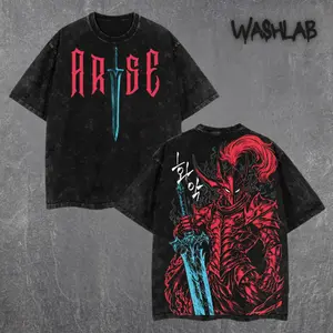 Retro Vintage Igris Solo Leveling, Shadow Knight Commander Anime T-Shirt: Space Bounty Hunter Double Sided Print Oversized Acid-Washed Heavyweight Cotton T-Shirt – Unisex Anime Manga Tee, Perfect Gift for Anime Fans and Lovers Menswear Tops Soft