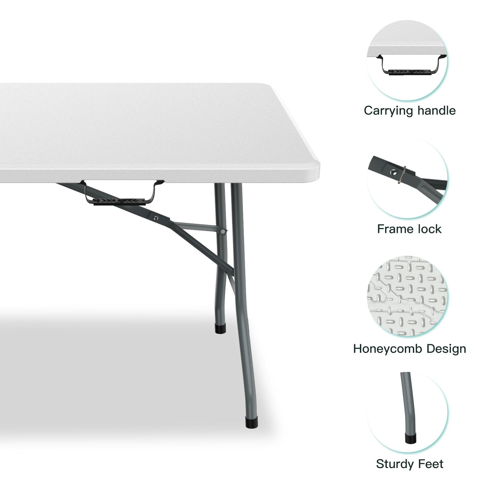 4/6FT Plastic Folding Table, Portable Picnic Table Outdoor, for Camping, Party, Wedding,Picnic, with Lock, Handle - White