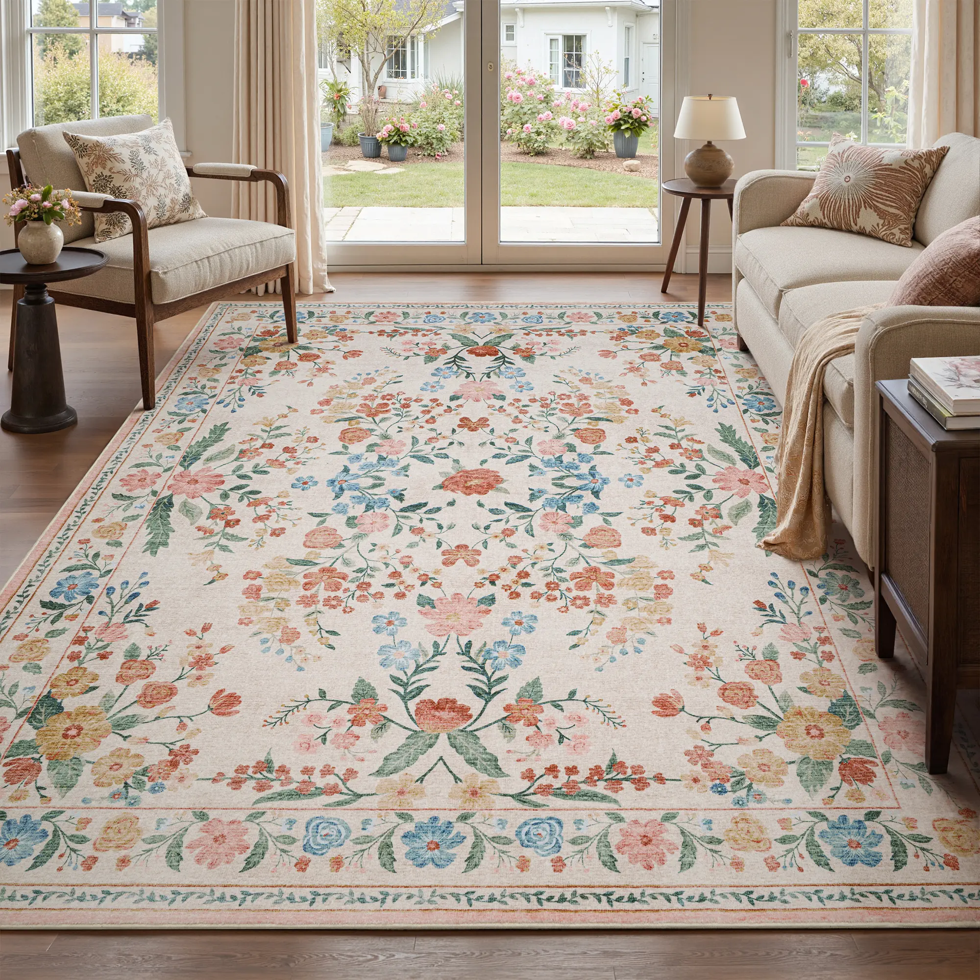 MontVoo Floral Pattern Decorative Rug Mat, Washable Bohemian Area Rug, Vintage Cottage Style, Non-Slip TPR Backing, Soft & Easy-to-Vacuum for Living Room and Bedroom summerwins,back to school,dorm essentials,home decor,home essentials