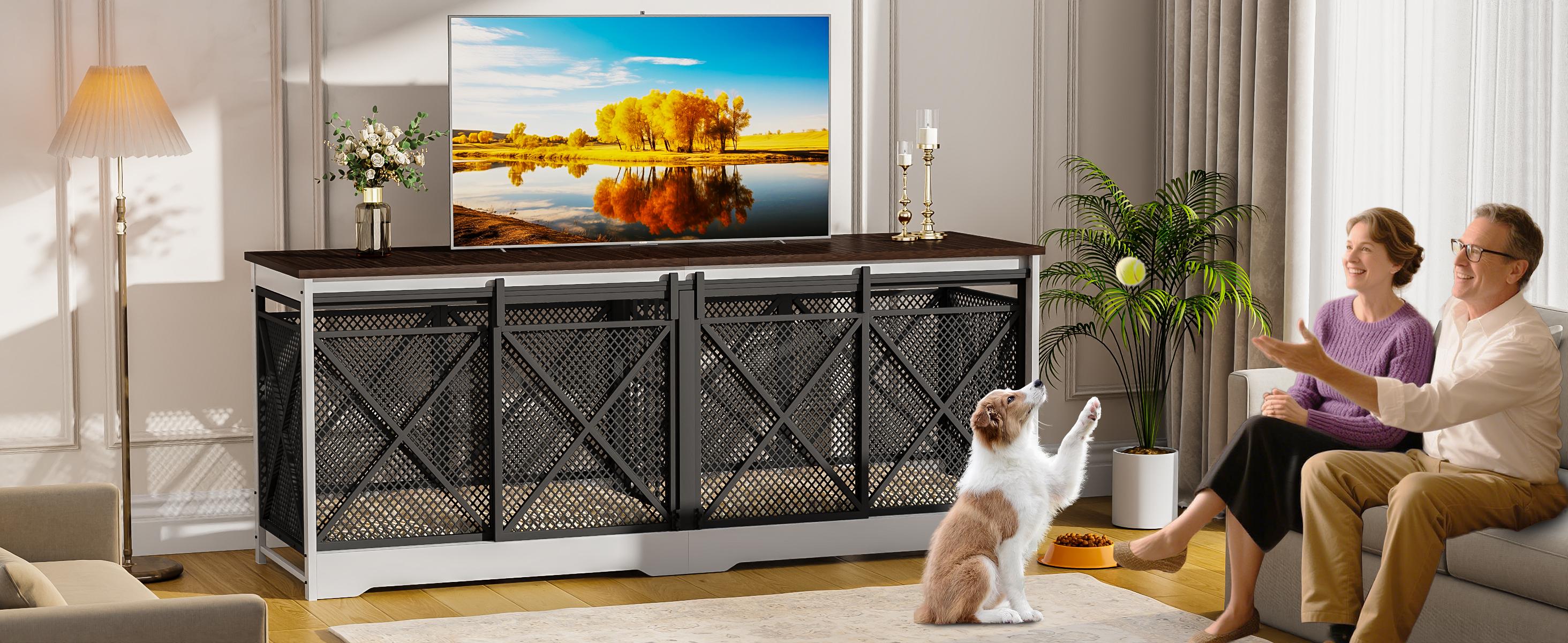 COZPAW 78" Double Dog Crate Furniture for 2 Dogs,Extra Large Furniture Style Dog Kennel,Heavy Duty Wooden XL Dog Cage with Removable Divider,Pet Cage TV Stand & Side Table (White Brown)