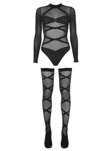 Leg Avenue Truth Or Dare Bodysuit And Thigh Highs Set - Opaque Criss Cross Long Sleeved Lingerie With Matching Stockings For Women
