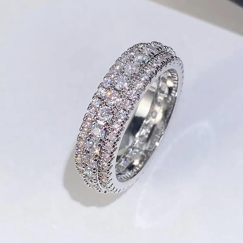 Extravagant Exaggerated Three-Tiered Zircon Rings Wedding Bands Love Jewelry Gifts for Couples Lab-Grown Gemstones Accessories for Everyday Wear