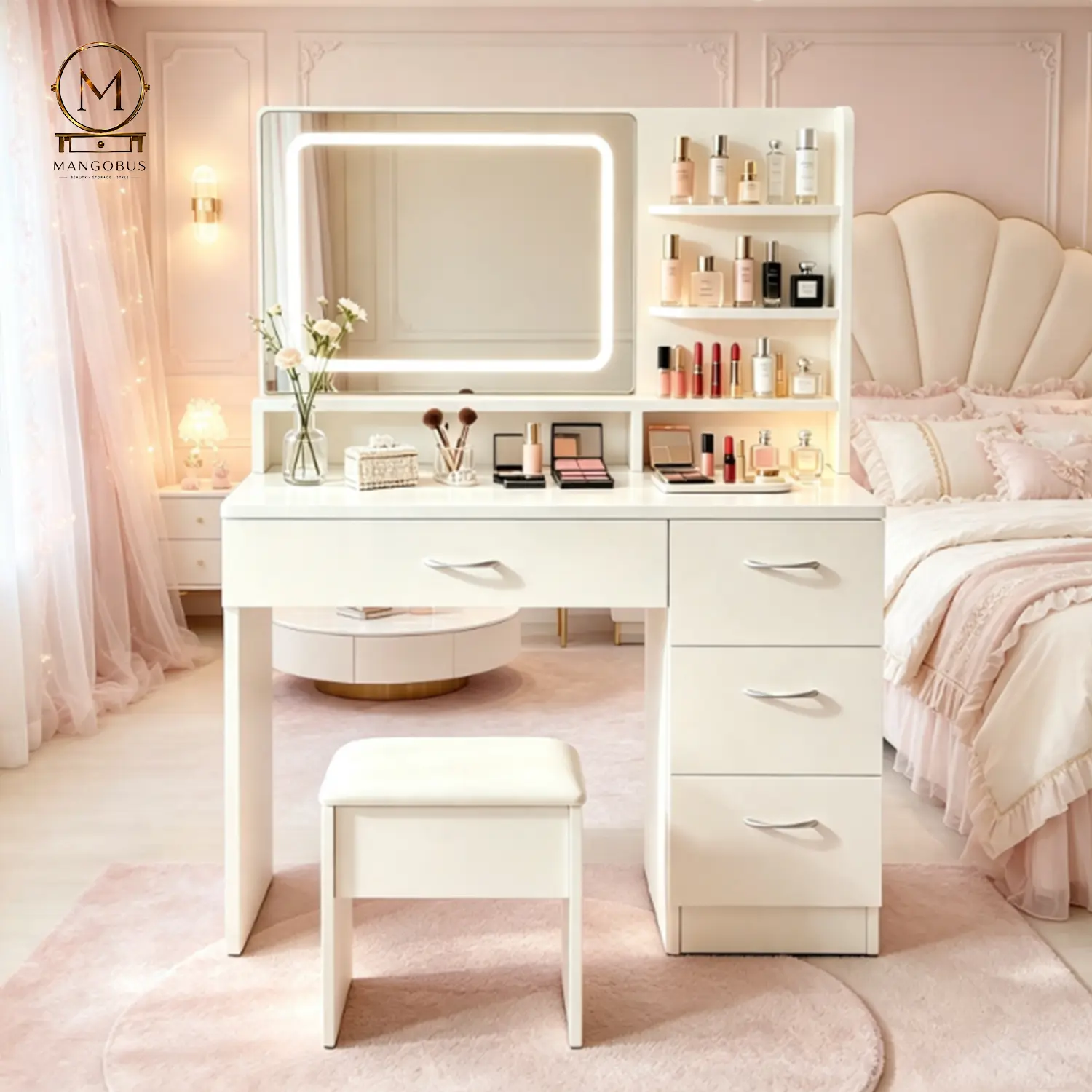 Minimalist White Compact Bedroom Vanity Desk Set - Rectangular LED-Lit Mirror, Multi-Tier Drawer Storage, Padded Single Seat Stool, Sturdy Base, Suitable for Teens & Adults, Ideal for Home Dressing Rooms, Compact Vanity, Lighted Vanity Desk