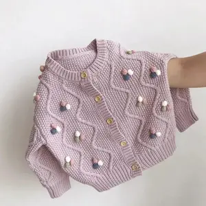Knitted Cardigan with Colorful Pom-Pom