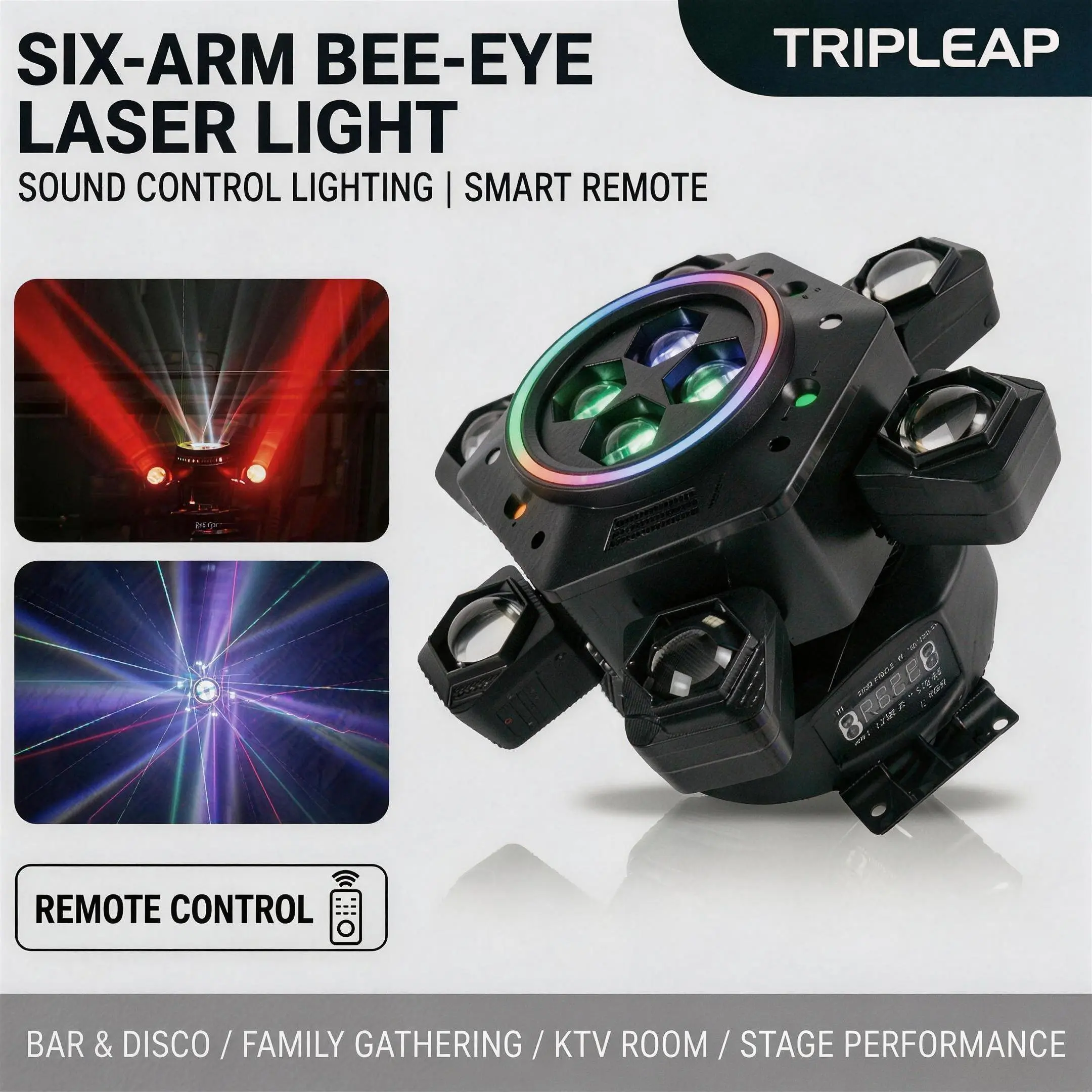 Tripleap RGBW Moving Head Party Lights 150W 6 Arm LED Stage Light with Laser & Strobe, Sound Activated DJ Lights with Remote & DMX512 for Club, Wedding, Event