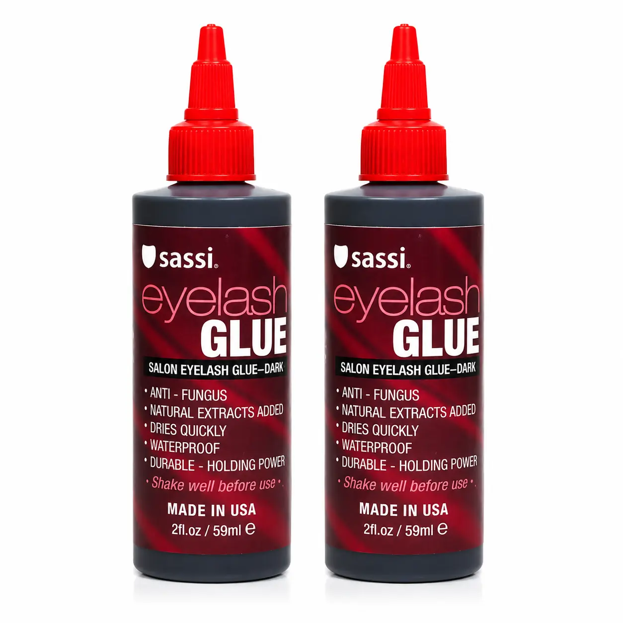 Sassi Dark Cosmetic Eyelash Glue (2oz, 2-Pack for Strip/Individual Lashes) - Quick-Drying, Gentle Natural Extract, Waterproof, Durable Hold Adhesive for Sensitive Eyes - Made in USA