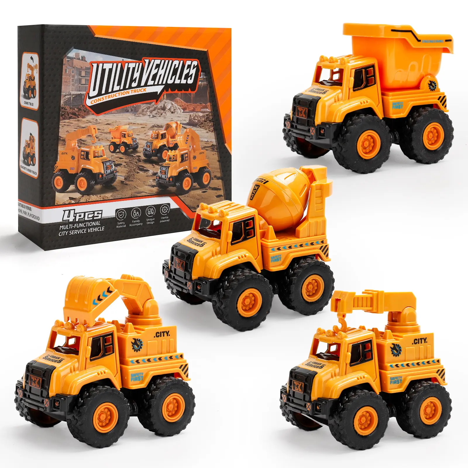4PCS Construction Truck Toy Set, Dump Truck, Cement Mixer & Excavator Vehicles, Die-Cast Style Engineering Trucks for Kids