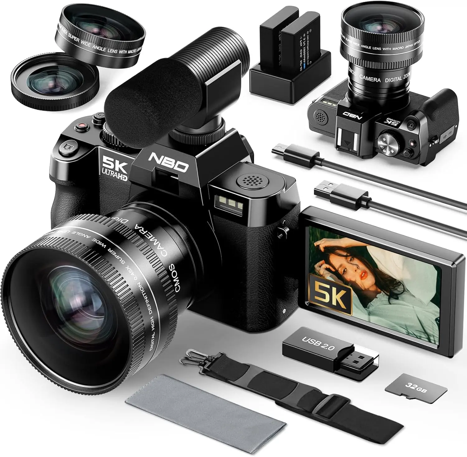 NBD 5K Vlogging Video Camera 48MP 16X Zoom 2 Batteries Wide Angle Macro Lens 3.0" Touchscreen WiFi Sync Flash Control Flip Touchscreen Microphone Input Wireless Tripod Digital Photography Equipment Leather - Black, Accessories, Mount,